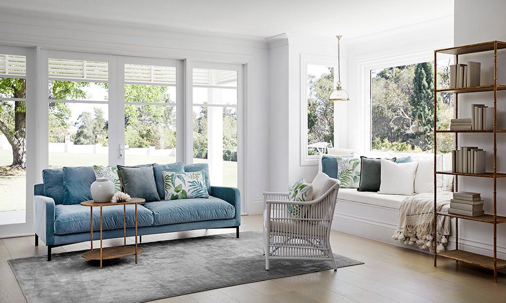 Modern Hamptons Style Living Room Including Sasson 2 Seater Sofa Light Blue And Mayfair Side Table
